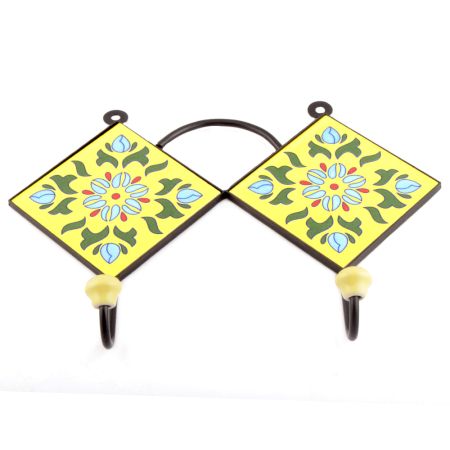 Yellow And Forest Green Ceramic Floral Tiles Hooks